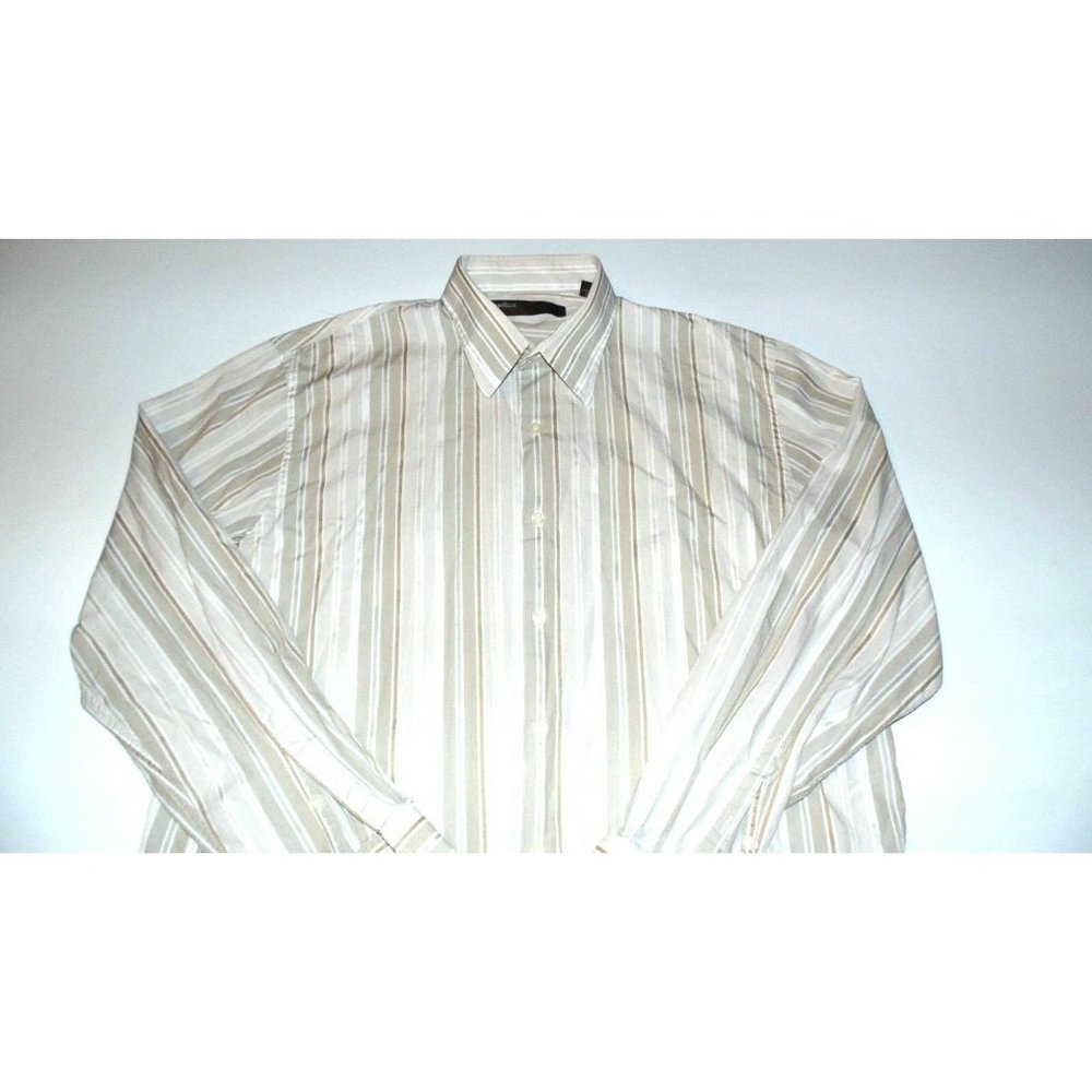 Perry Ellis Long Sleeve Dress Shirt White + Beige/Tan Stripes Large EUC